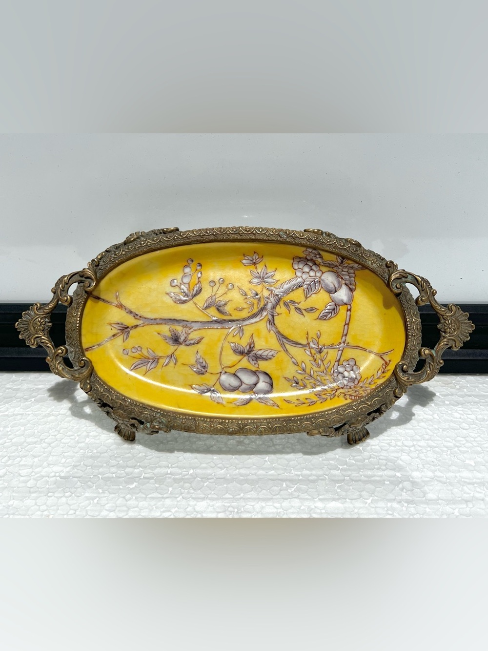 Vintage Chinese Antique Handpainted Porcelain Brass Trinket Soap Dish Tray